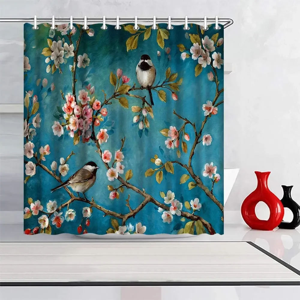 Flower Birds Spring Shower Teal Blue Floral Bath Curtain With Hook