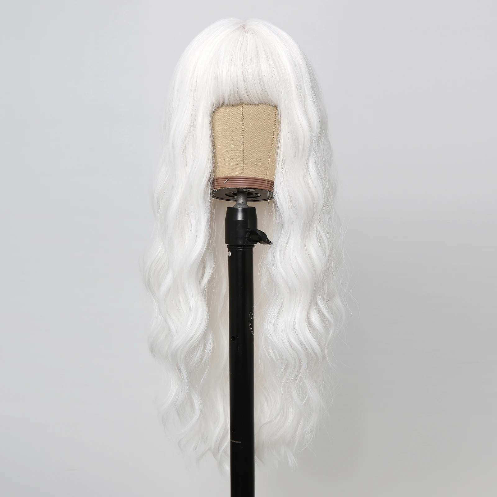 Long Wavy White Wig with Bangs Synthetic Hair Heat Resistant Fiber Natural Looking for Women Daily Wear Party Cosplay