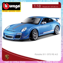 Bruago-鋳造合金車モデル,ポルシェ911,gt3,白,青,ノスタルジック,デスクトップ装飾,収集可能なおもちゃとギフト,1:18