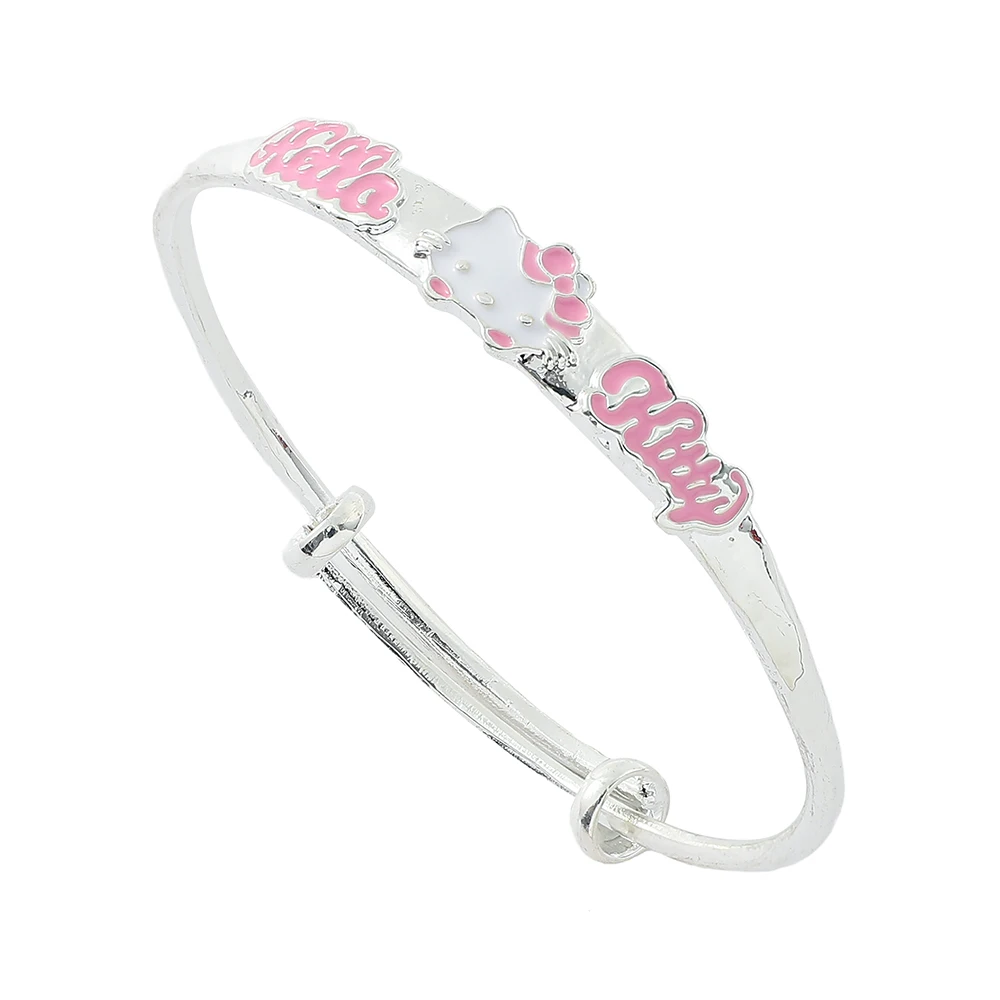 Lindo Brazalete Deslizante de Hello Kitty, Aleación de Zinc con Texto en Esmalte Rosa y Cabeza de Kitty, Pulsera Ajustable en Tono Plateado
