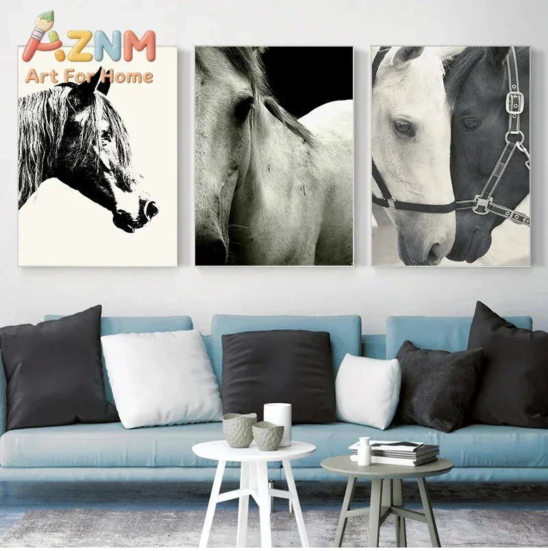 AZNM Black White Horse Canvas Wall Art Vintage Equine Animal Portrait Art Print Unframed Canvas Poster for Home Decor