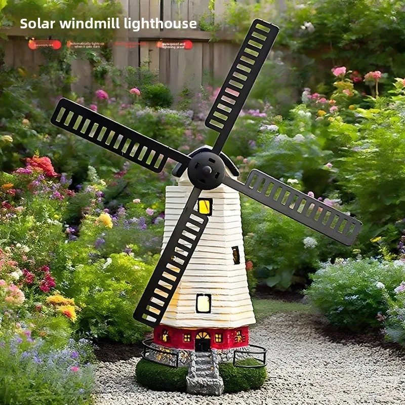 Solar Light Resin Craft Ornament Outdoor Waterproof Garden Yard Light Rotating Dutch Windmill Decoration