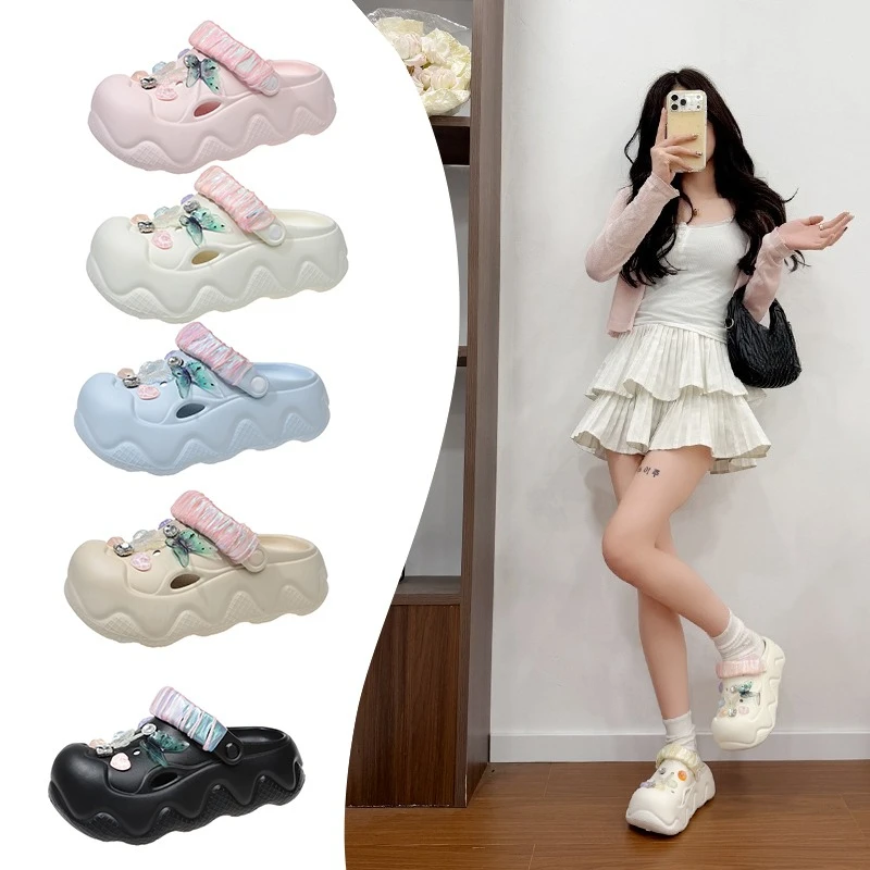 Women Thick Platform EVA Clogs Cute Cartoon Charms Rhinestone Chains Decor Slippers Closed Toe Hollow Out Casual Outdoor Mules