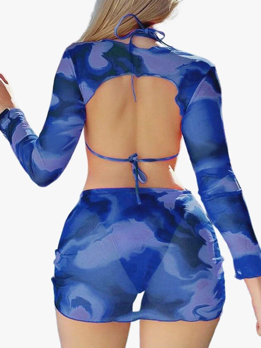 Tie Dye พิมพ์ชุดบิกินี่ Tie กลับชุดว่ายน้ําผู้หญิง Bra Top & บิกินี่ด้านล่าง & COVER UP TOP & แยกต้นขากระโปรง 4 ชิ้นชุดว่ายน้ําฤดูร้อน