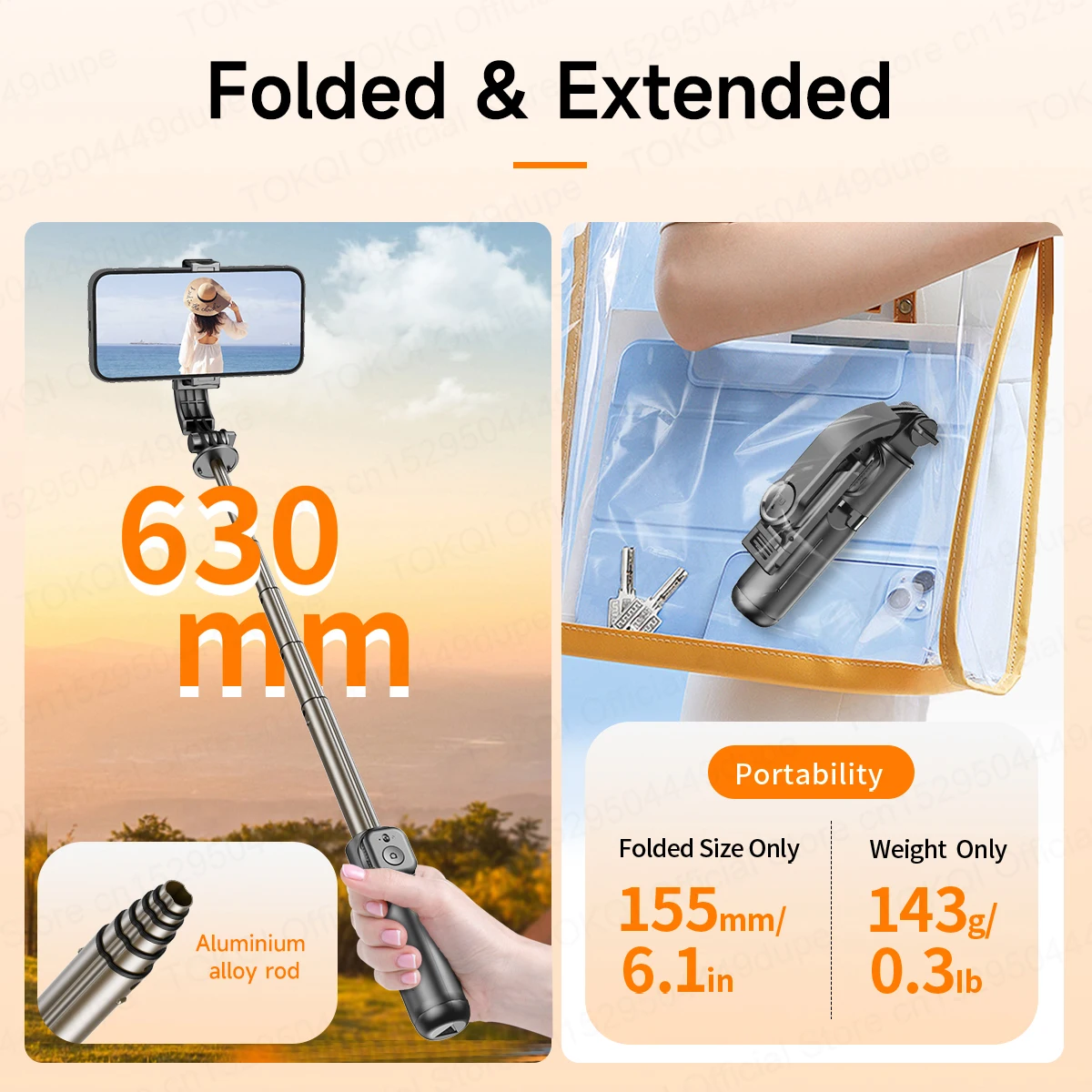 Mini Statyw Selfie Stick TOKQI z 3 Kolorowymi Światłami Wypełniającymi, Odłączanym Uchwytem, Obrotem 360° i Pilotem Bluetooth do Vlogów i Transmisji na Żywo — zdjęcie produktu 5