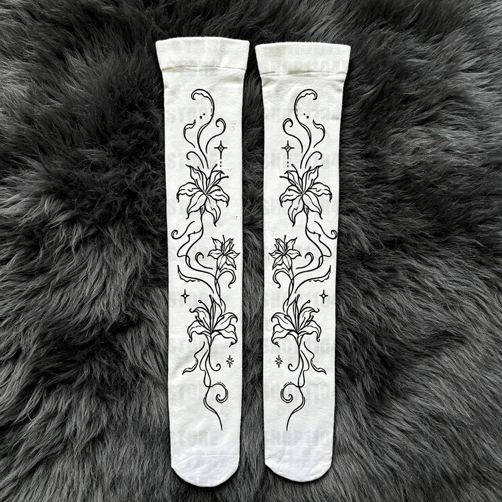 Harajuku over knee socks with floral print, sexy women's tight and fashionable socks