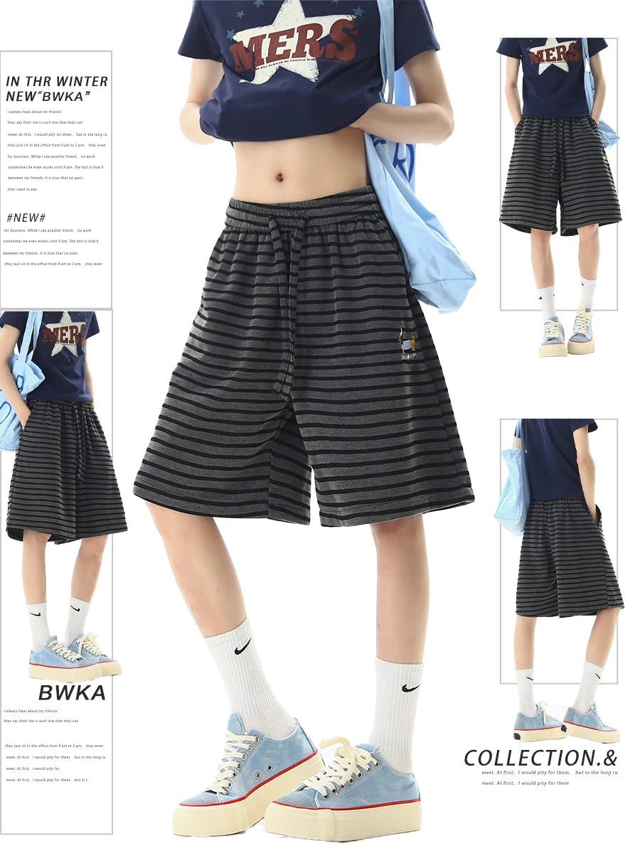 

Casual Stripe Embroidered Loose Fit Short Pants Women's Summer Sporty Loose Hanging Feel Five-Quarter Wide Leg Slimming Trousers