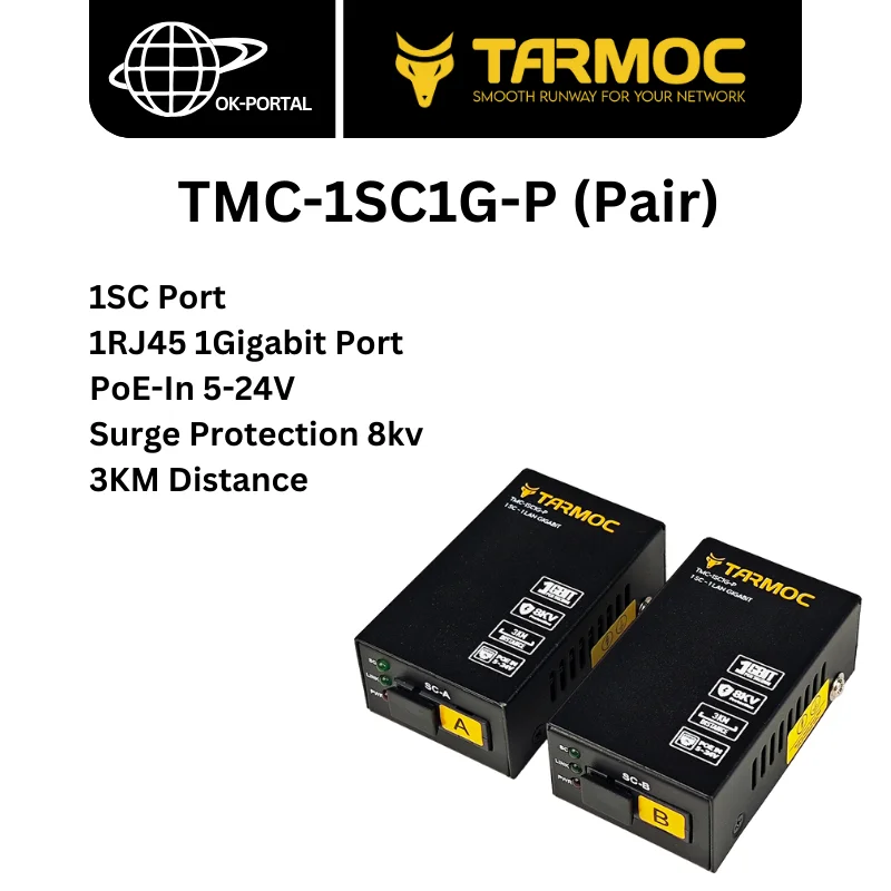 Tarmoc TMC-1SC1G-P Gigabit Fiber Transceiver Media Converter 1SC+1RJ45 1Gigabit PoE-In 5-24V Single Mode  Single Fiber