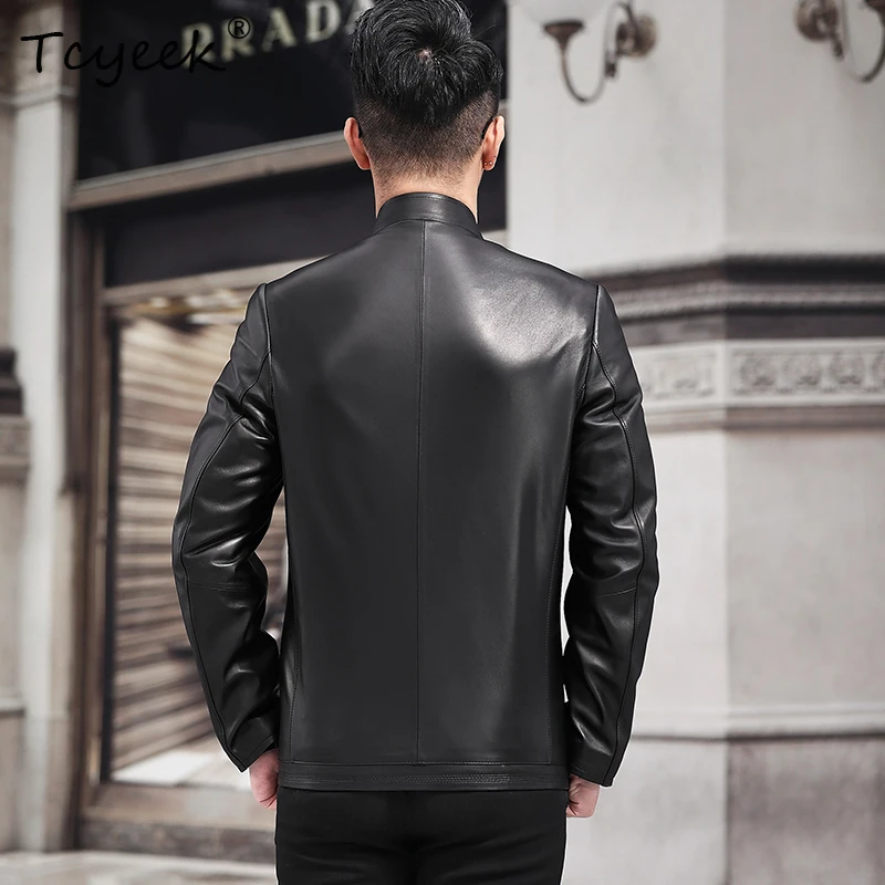 Tcyeek جلد الغنم ربيع الخريف الراقية العصرية الوقوف طوق أسود قصير الرجال سترة جلدية حقيقية كرداناتكا كوزاناهنا موسغراكيا #2