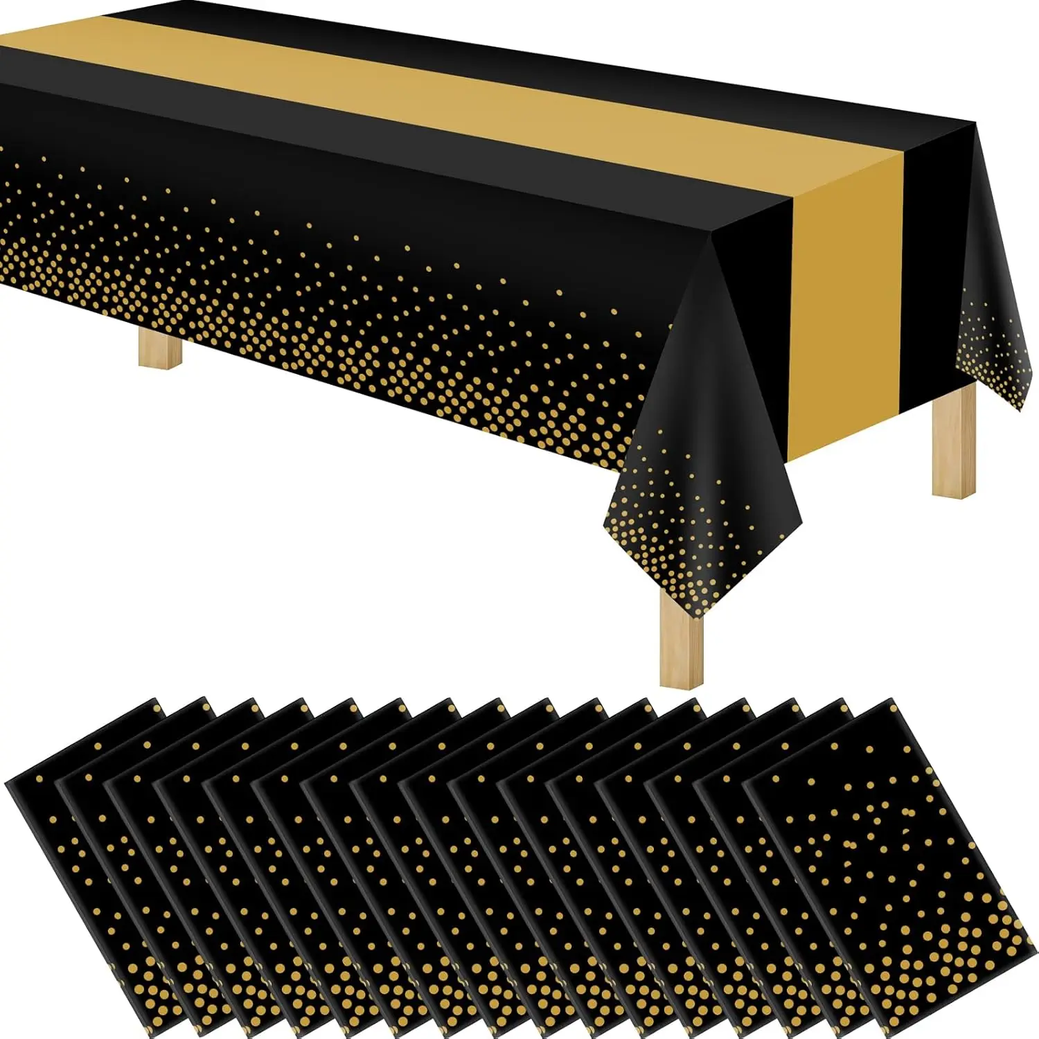 

16 Pack 2in1 Disposable Plastic Tablecloths 54' x 108' Black and Gold Dot Kitchen Table Cloth