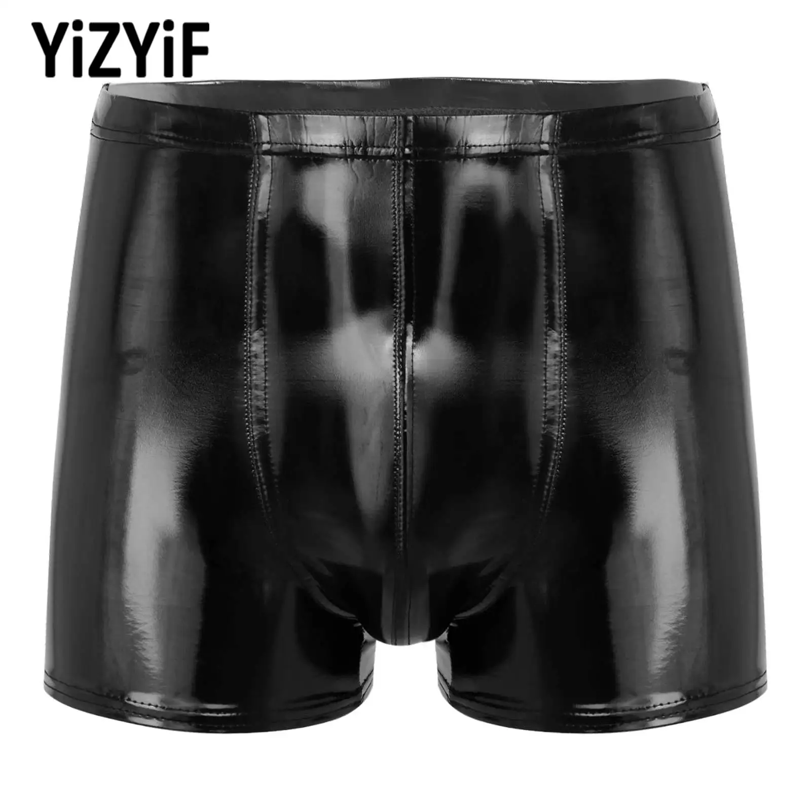 Mens Wet Look Patent Leather Shorts Bulge Pouch Boxer Brief Elastic Waistband Short Pants Clubwear