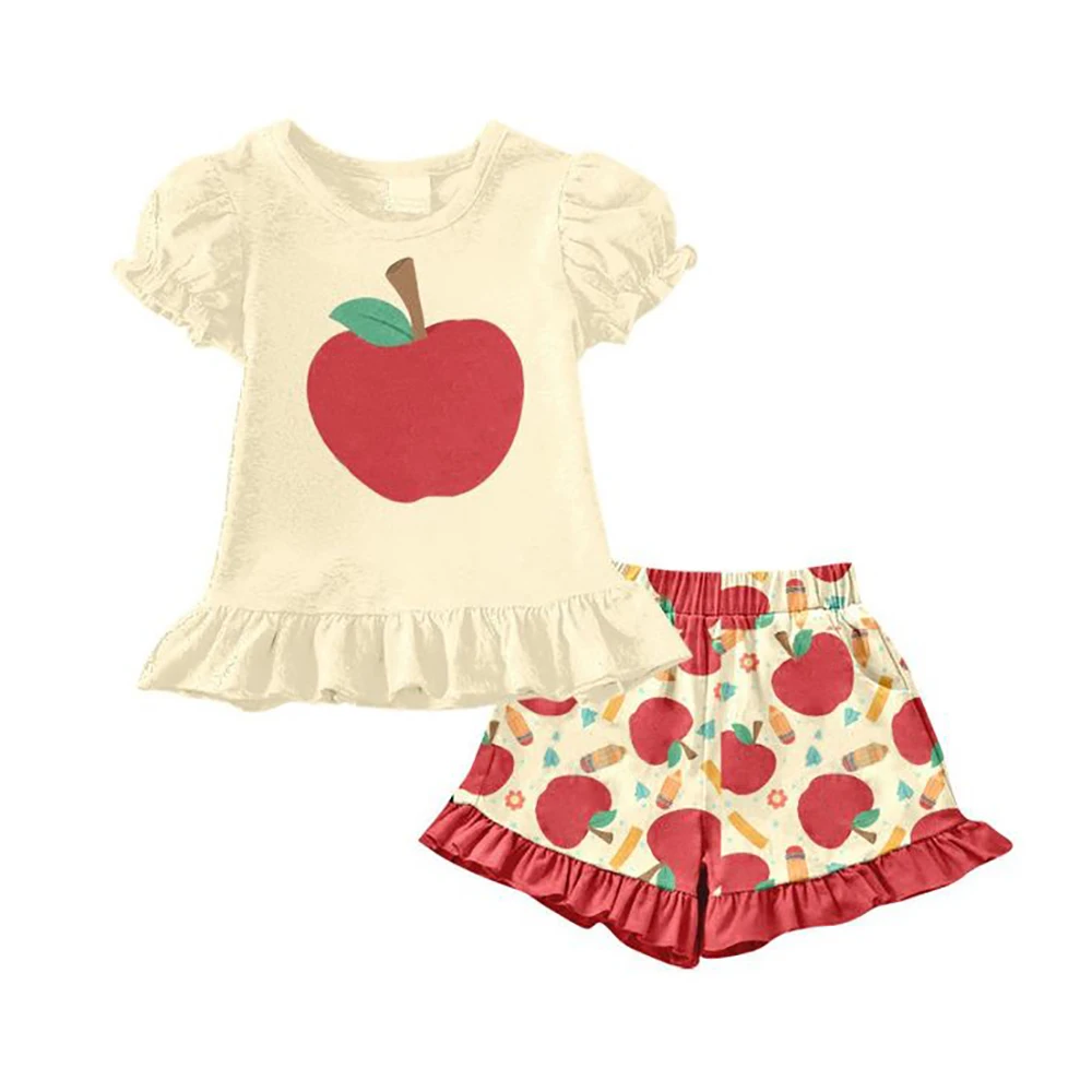 

Back to School Summer Boutique Baby Girl Clothes Apple Print Short Sleeve Shorts Set Infant Red Print Outfit