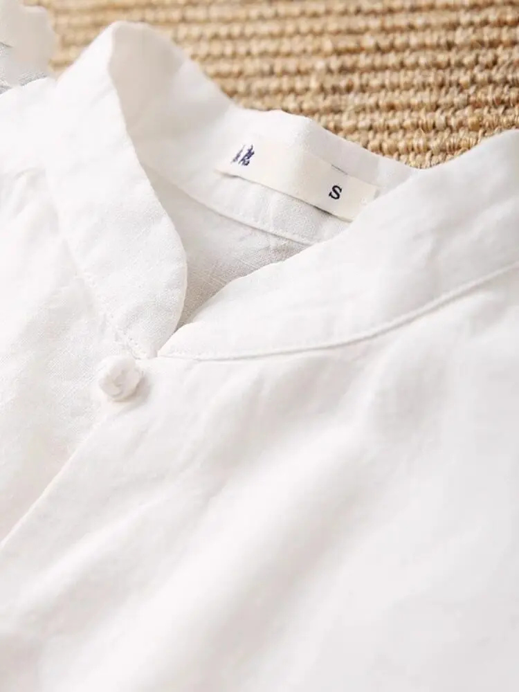 Chinese Style White Ramie Button Short Sleeve Shirt Women's Summer New Loose Stand-up Collar Cotton and Linen Shirt Tea Top
