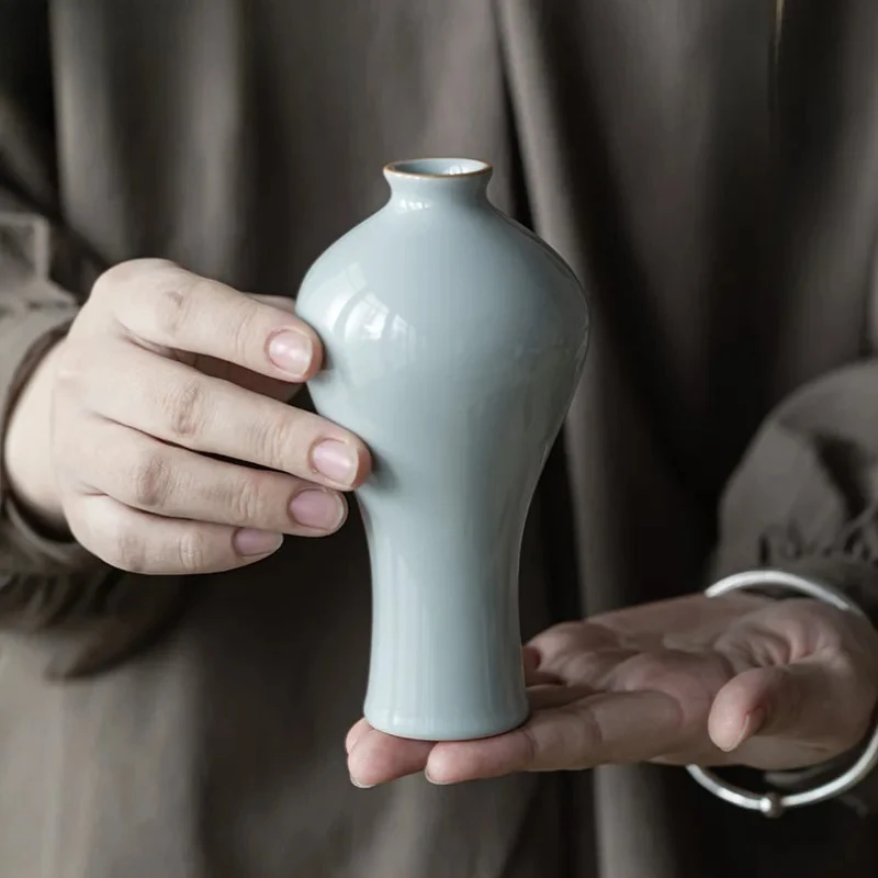 

High-end Azure Ru Kiln Ceramic Flower Vase Imitates Song Flower Basket Simple Tea Room Flower Arrangement Zen Crafts Decoration