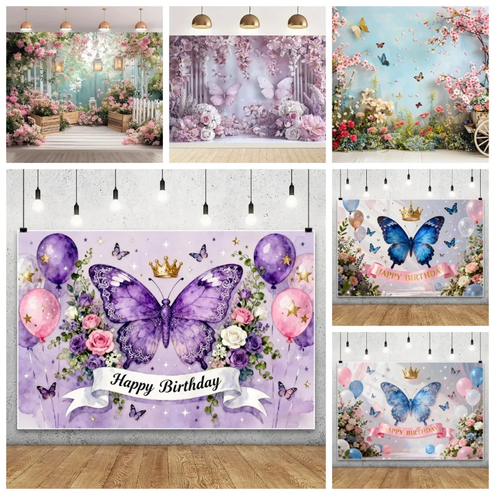 

Dreamy Flower Sea Butterfly Theme Birthday Photography Backdrop, Children's Adult Birthday Party Decoration Photography Backdrop