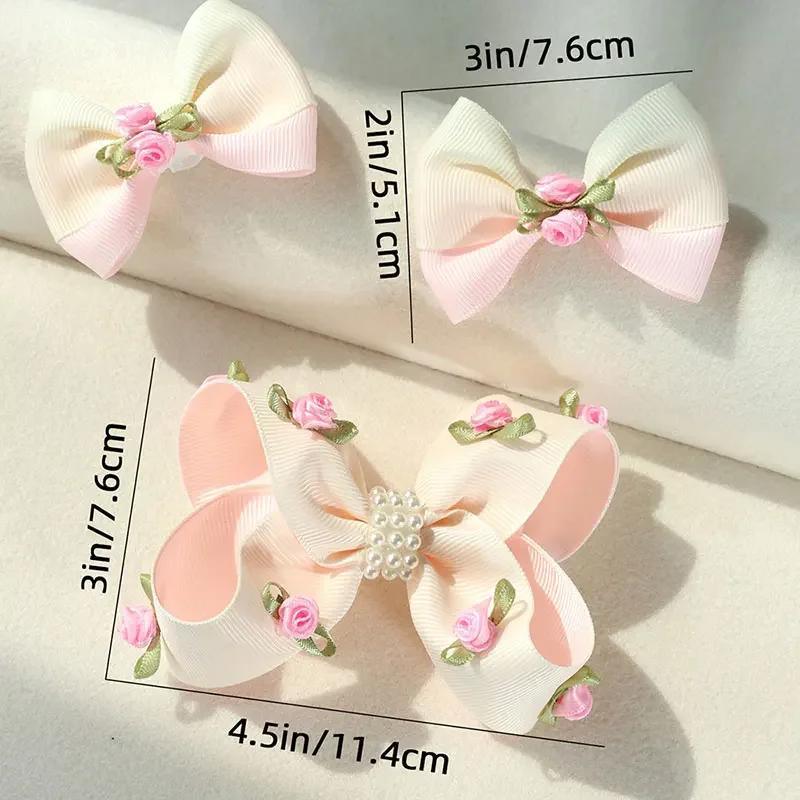 3Pcs Ribbon Bowknot Hair Clips Girls Silk Rose Flower Hairpins Boutique Korean Hair Accessories Kids Barrettes Headwear