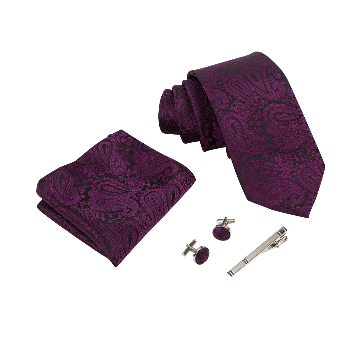 

Ikepeibao Men Paisley Necktie Sets Darkviolet Pocket Square Metal Cufflinks and Clip Sets Black Geometric Hombre Purple