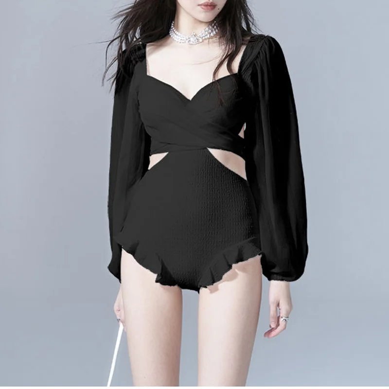 2023 New Summer Fashion V-neck Waist Hollow Open Back Pure Sexy Hot Spring Beach Long Sleeve Sunscreen One Piece Bikini Set