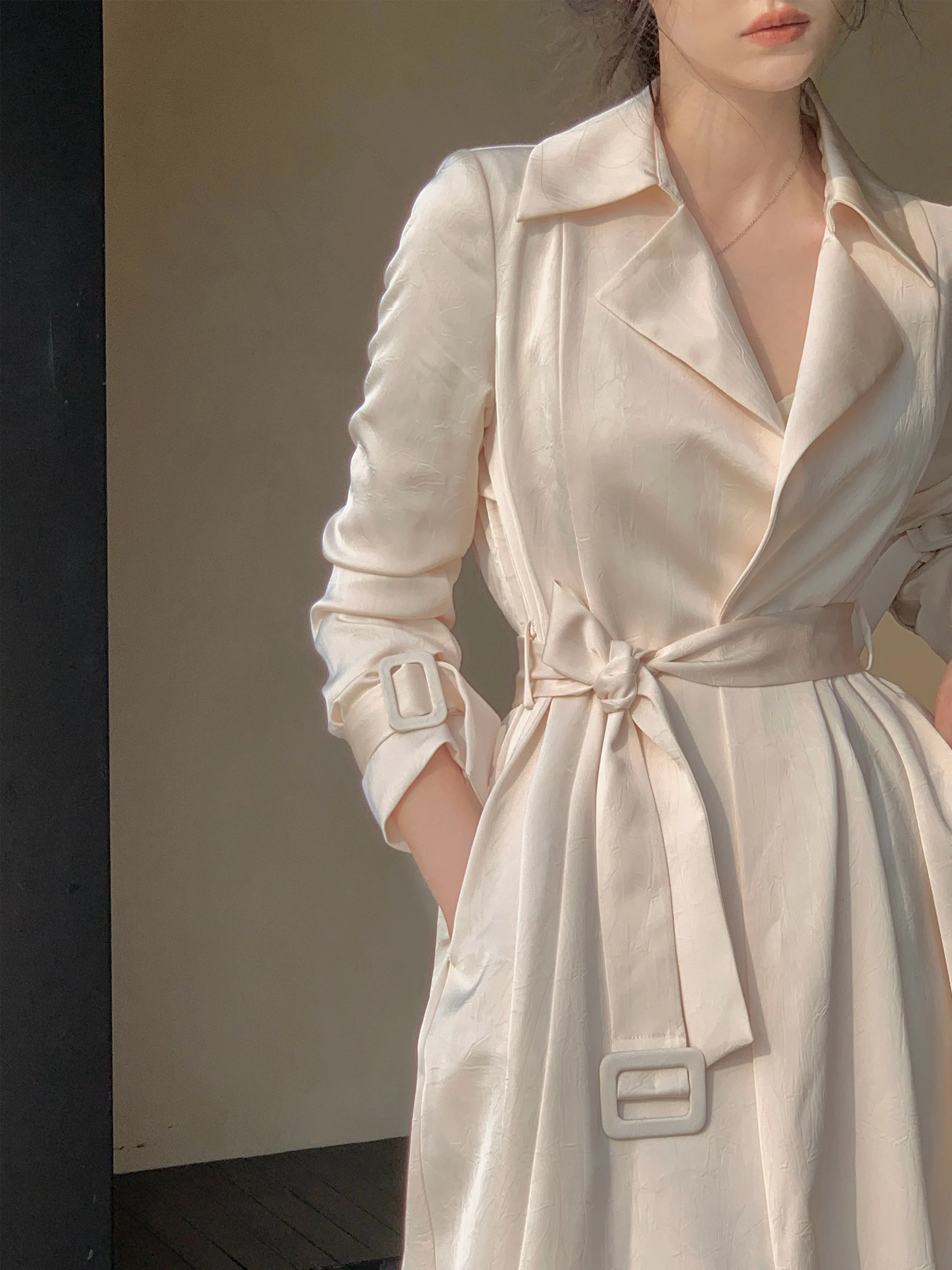 

Nu Ano Gentle Satin Women's Mid-Length Coat Tall Size Autumn New Arrival 2024 Commute Sle Long Sve Suit Collar Pure Color