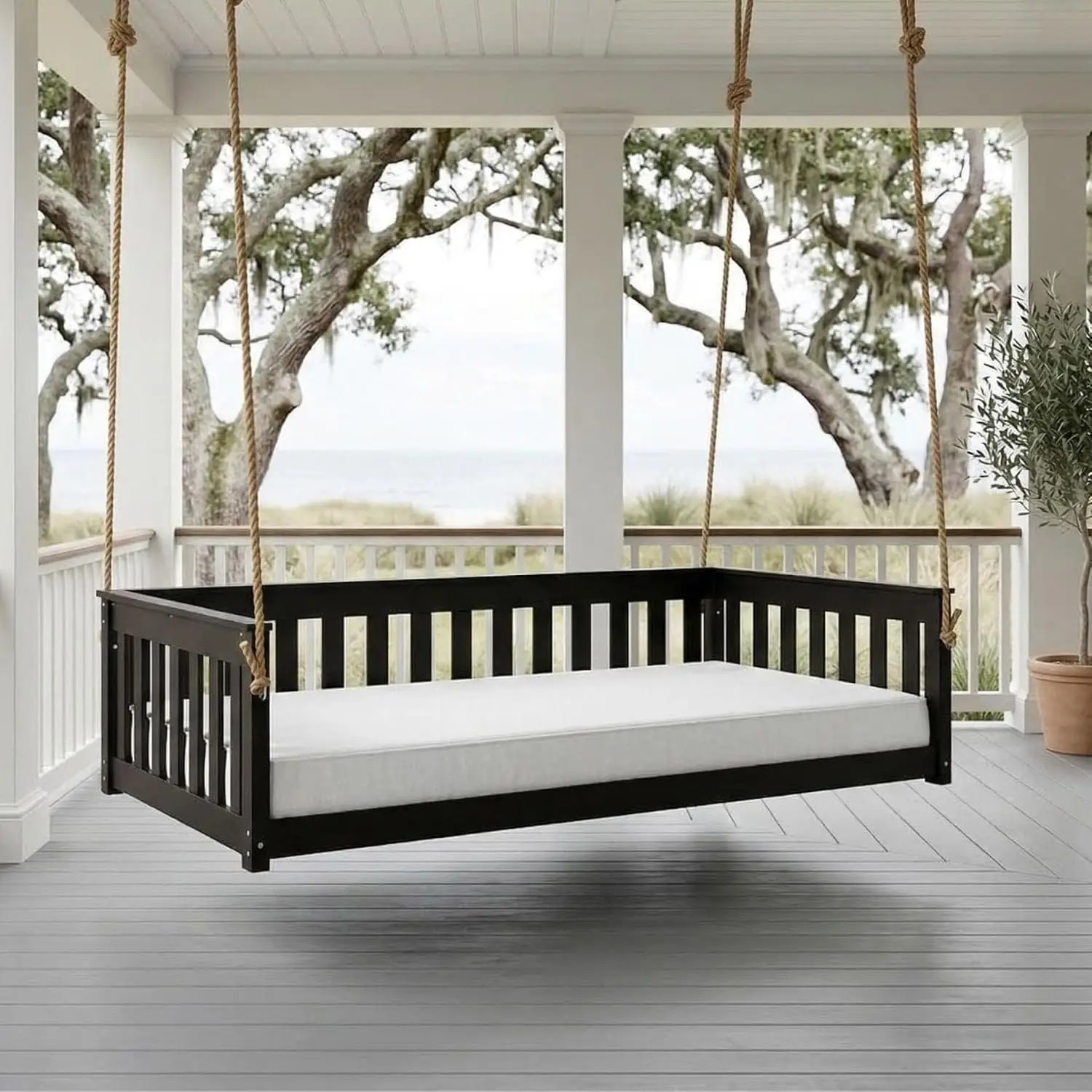 Beckett Heavy Duty Poly Daybed Swing in Black, Crib Size - Composite HDPE Porch Swing Bed Made from Recycled Plastic, Customized