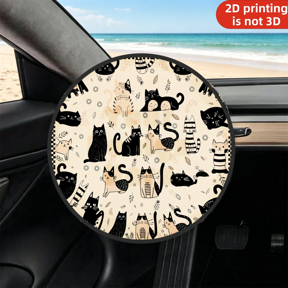 1pc Sunshade Steering Wheel Cover, 2D Flat Printing Cute Cats Pattern Print On Steering Wheel Cover, Sunshade, Heat Insulation