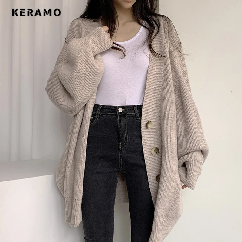 Vintage Style Women Solid Color Knitting X-long Grey Cardigans 2024 Winter Long Sleeve Fashion Casual Oversized Simple Sweater