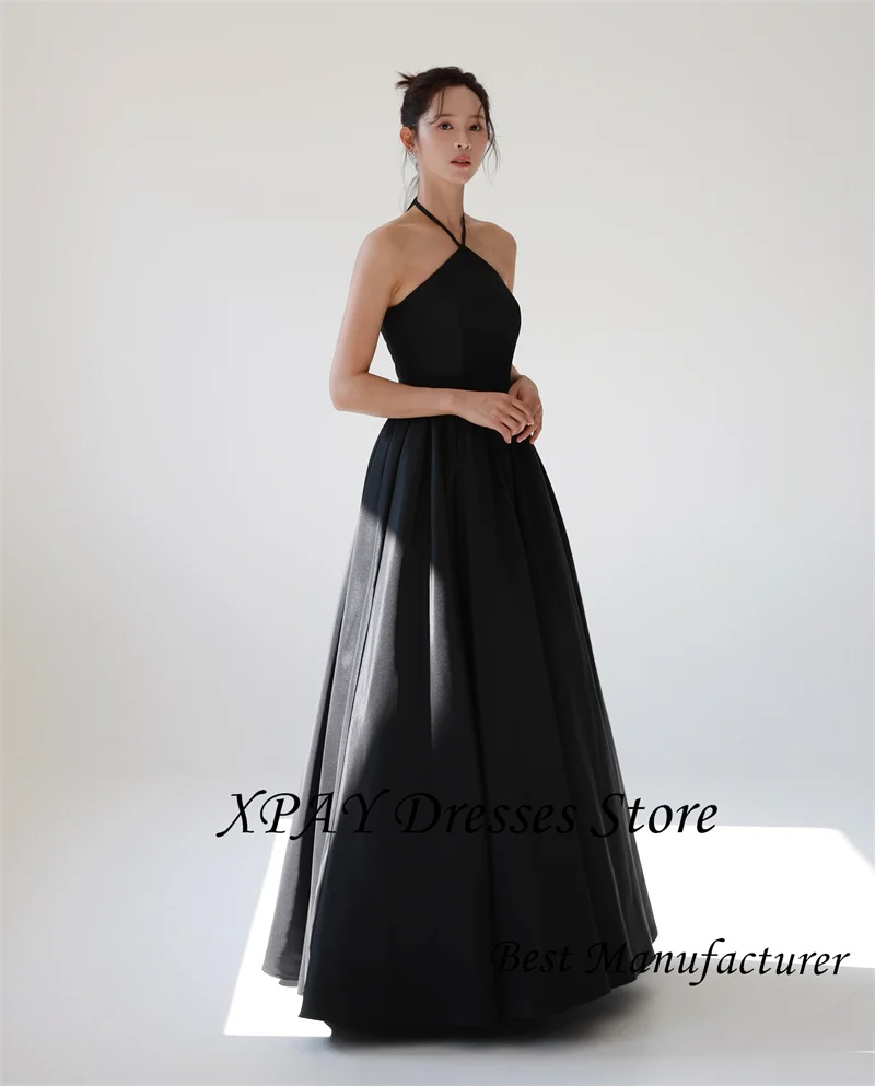 XPAY Simple Black A Line ชุดราตรีเกาหลีถ่ายภาพ Halter ซาตินแขนกุดรัดตัวกลับงานแต่งงานที่กําหนดเอง 2025