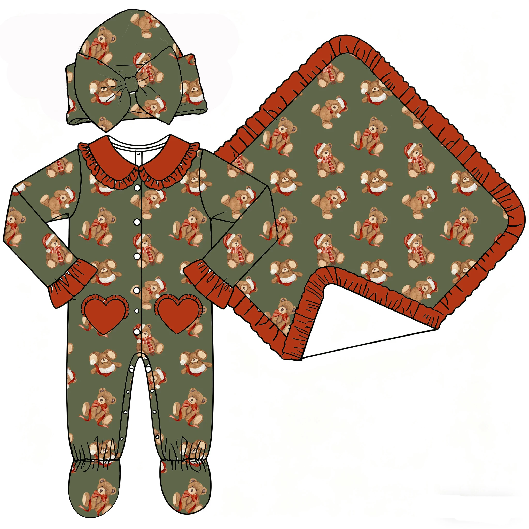 Boutique Girls' Blanket and Romper Hat Lapel Ruffle Buttons Love Pocket Binding Feet Love and Flowers Print Custom Patterns