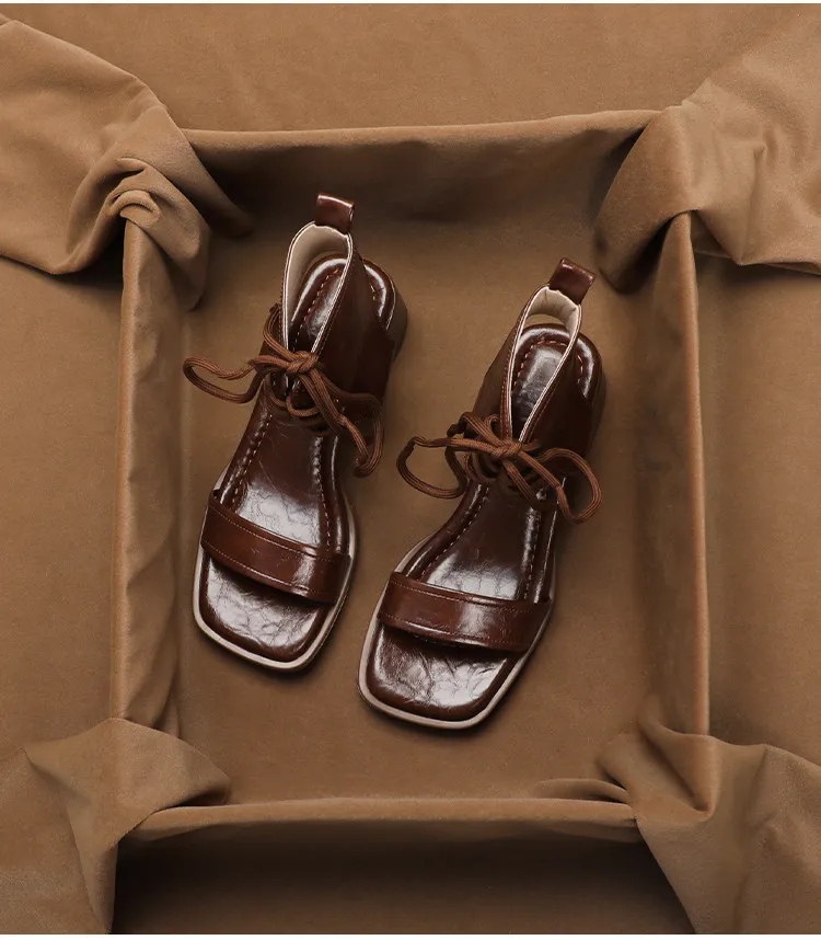 SHOEBOX Summer New Retro Strap High Top Leather Medium Thick Heel Strap Roman Sandals for Women