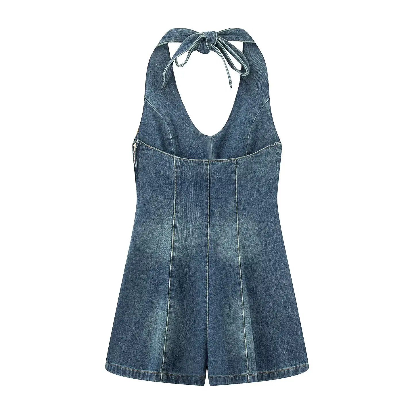 จั๊มพ์สูทขาสั้นยีนส์แบบผูกคอ เปิดหลัง สไตล์ลำลอง เรียบง่าย ดูดี มีสไตล์ สำหรับผู้หญิง ฤดูร้อน ปี 2025