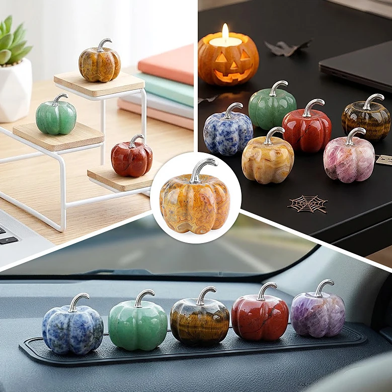 1Pc 30mm Natural Stone Pumpkin Statue Crafts Cute Figurine Amethyst Tiger Eye Crystal Home Decorations Halloween Ornament Gifts