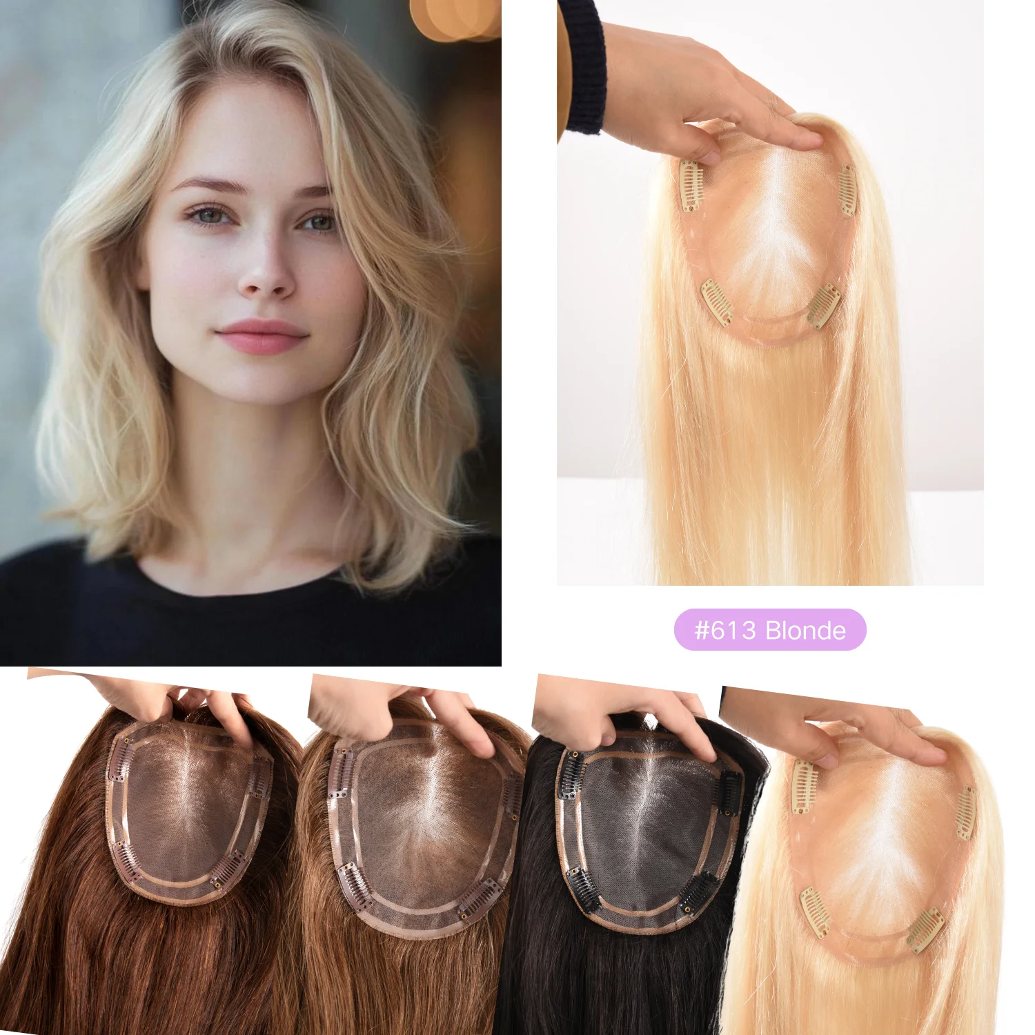 

Накладка для волос Mono Base Topper для женщин, натуральные волосы Remy, прямые, светло-русые 613, на заколках, дышащие, бесшовные.