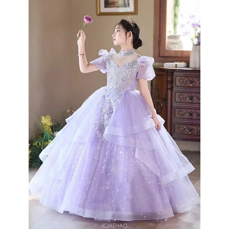 

Свадебное платье для девочек, фиолетовый костюм с цветочным узором для девочек, детское платье принцессы, вечерняя одежда для фортепиано на день рождения, детская одежда, Vestidos