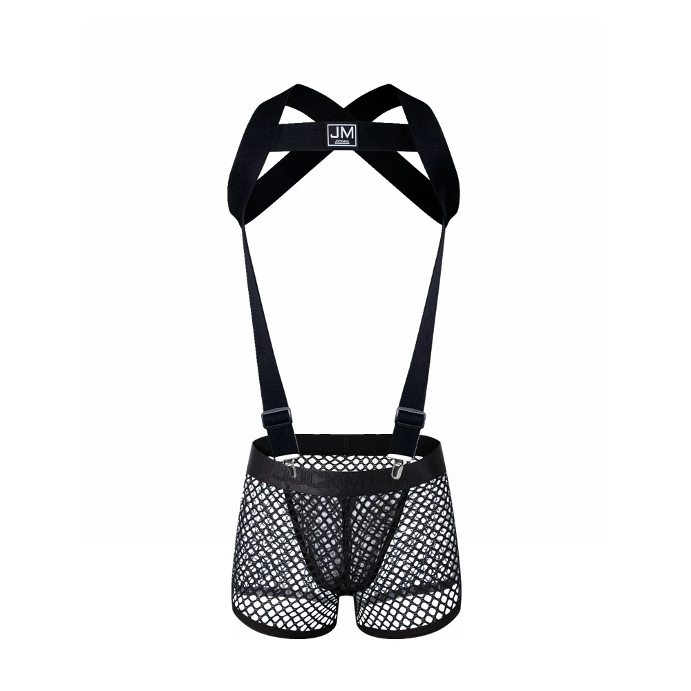 JOCKMAIL Body Harness Adjustable Elastic Strap Detachable Split-type Give Away Sexy Mesh Men Underwear Boxer Black Sets