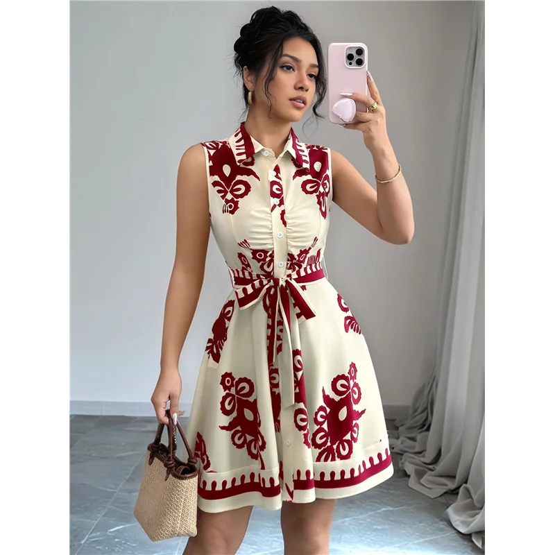 【SEE】 Abito da sole midi abbottonato fluido con cintura senza maniche con stampa floreale Boho estiva 2025 da donna