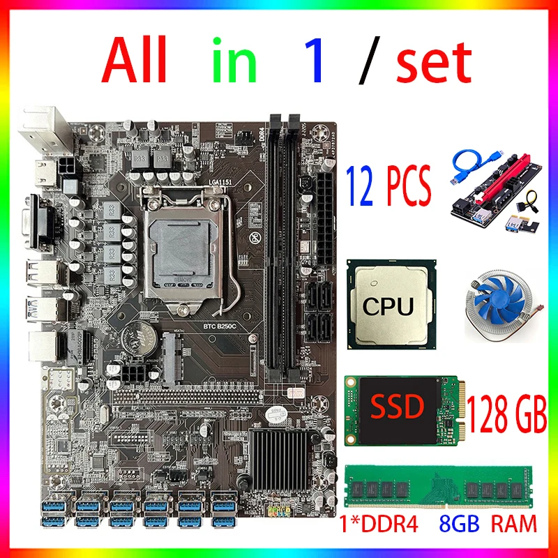 BTC B250 Penambang Motherboard Combo dengan CPU 8 GPU DDR4 USB3.0 PCIE X16 Set Combo Mendukung 12 Kartu Grafis Penambang RX 580 8GB