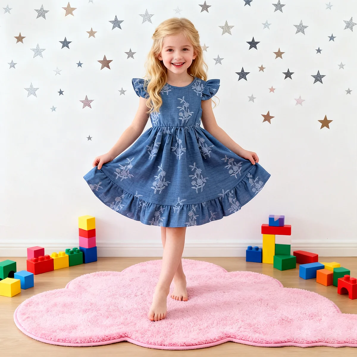 Mädchen-Knielanges Sommerkleid mit abnehmbaren Schleifen und Rückenausschnitt - Allover-Print Strand- und Urlaubskleidung für Kinder – Detail 2