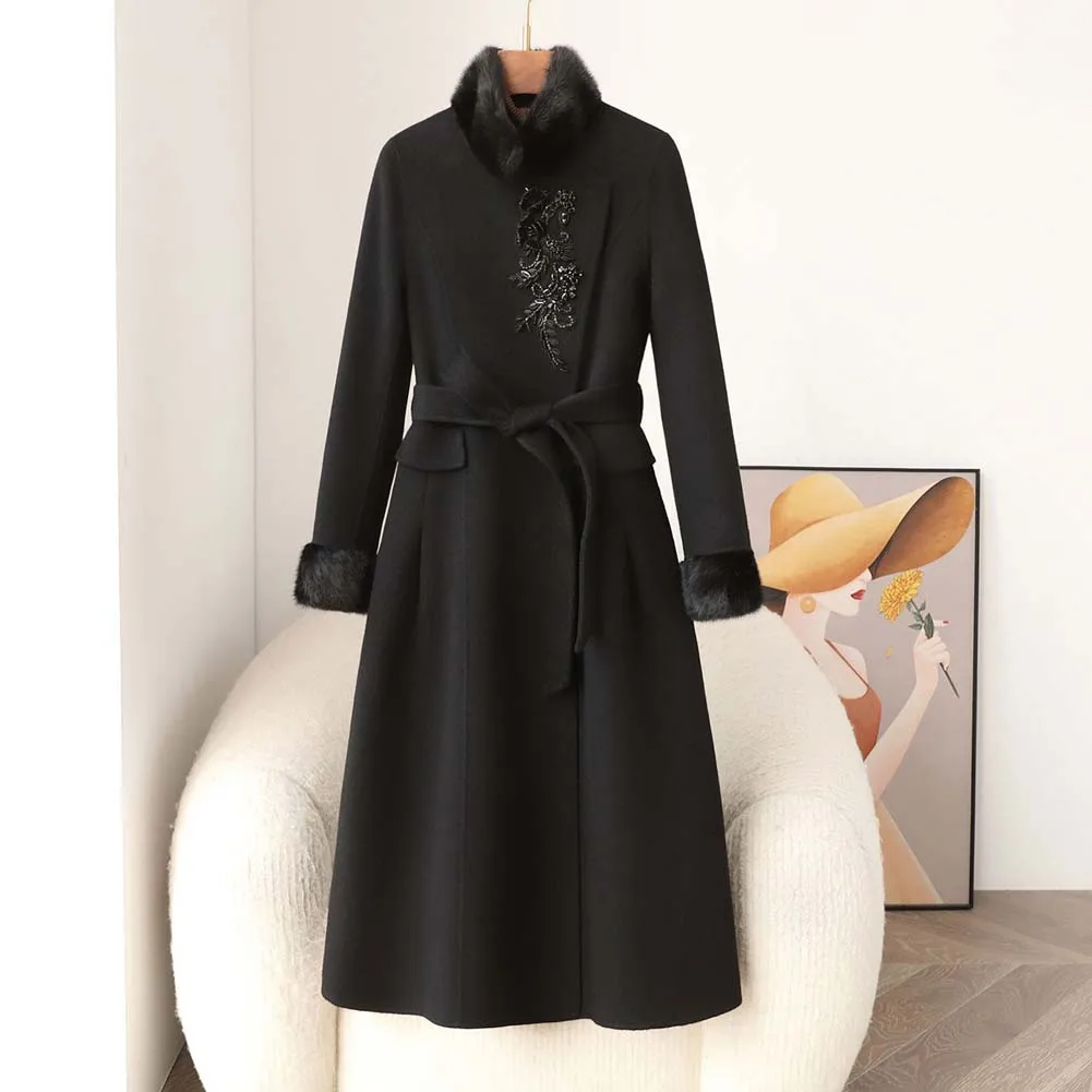 

2026 Natural Mink Fur Collar Cuffs Jacket Cashmere Wool Woolen Ladies Outerwear Pearl Flower Streetwear Real Fur Coat