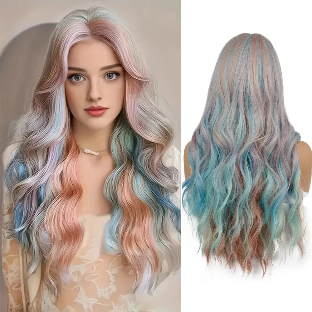 

Water Wave Synthetic Wig Rainbow Colored Cosplay Hair Wig 26 Inches Natural Wave Wigs for Women Girls Daily Party Halloween Used