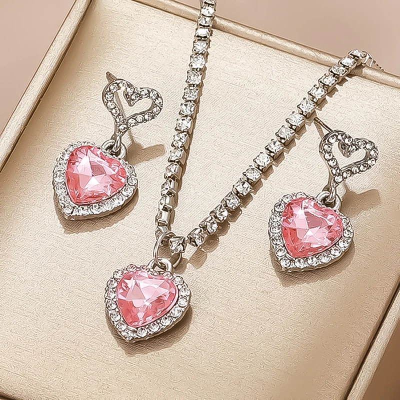 Ensemble collier et boucles d'oreilles coeur rose pour femme, pendentif en cristal, ensemble de bijoux de fête de mariage