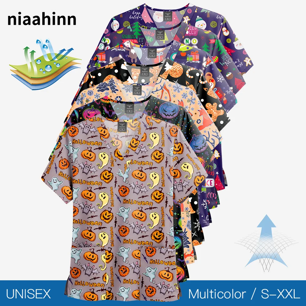 

NiaaHinn Spa Doctor Nursing Blouse Surgical Uniform Tops Woman Medical Nurse T-shirt Beauty Salon Workwear Pet Doctor Scrub Tops