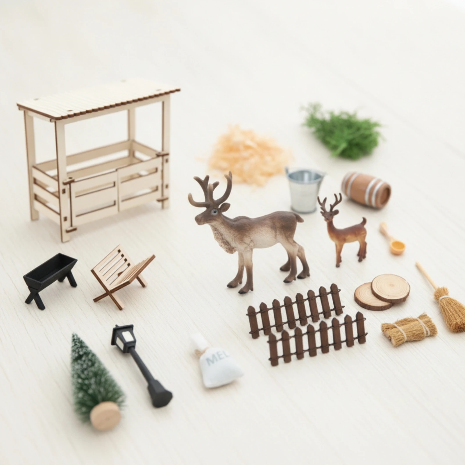ミニチュア馬小屋（鹿付き）卓上ドールハウス馬小屋ジオラマ納屋、ホビーヤー向け頑丈な塗装仕上げ、クリスマスビレッジ