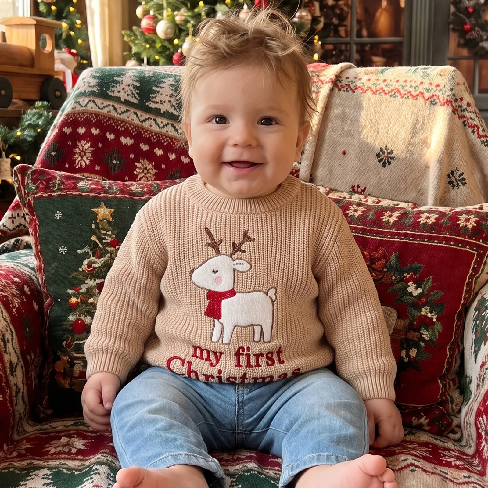 Toddler Baby Boys Christmas Sweater Scarfed Reindeer Letter Crewneck Knit Pullover Tops