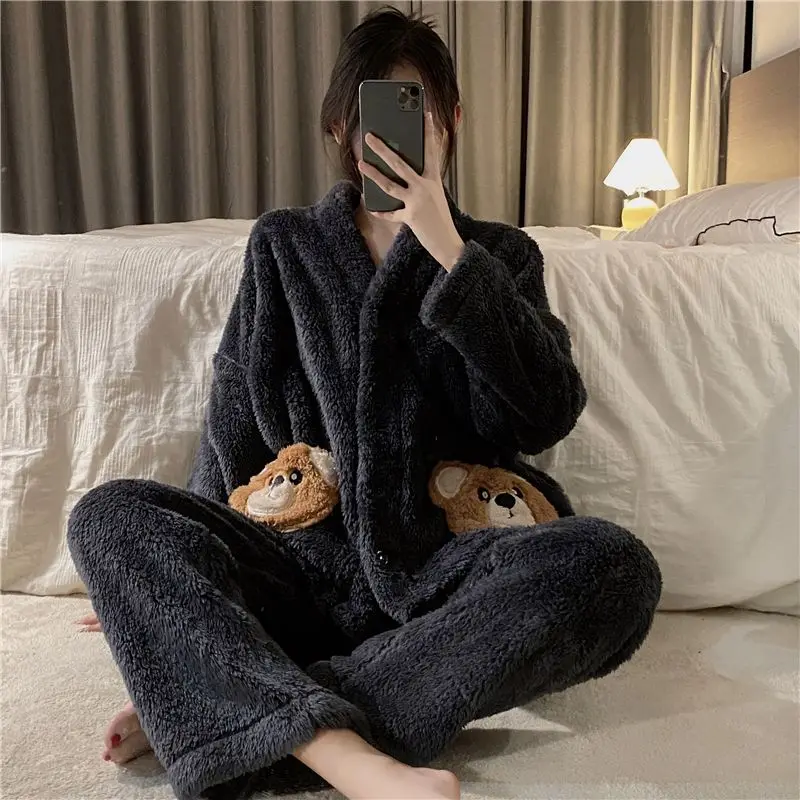 Pyjama Frauen Winter Nachtwäsche dickes Nachthemd warmer Korallen samt neue Home dressing Herbst Winter Flanell Home Wear Set