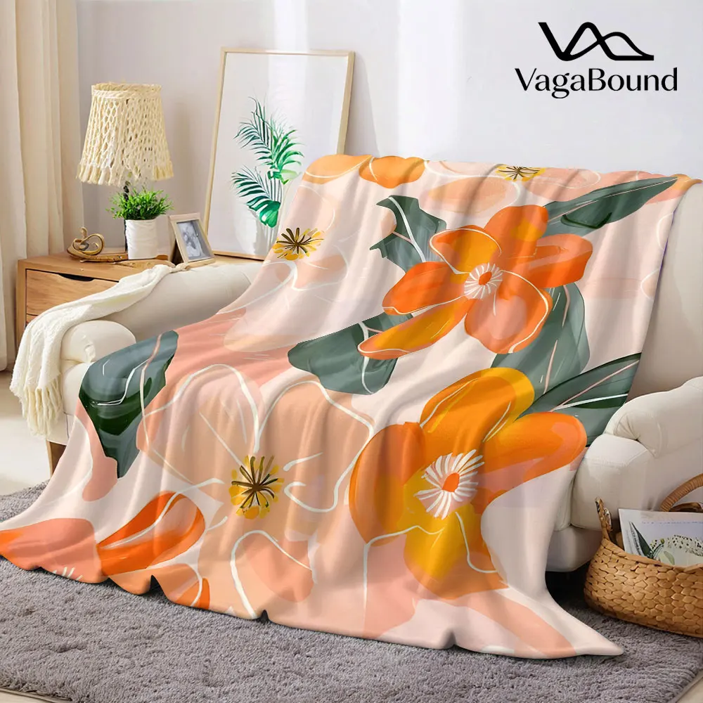 peach orange floral watercolor Flannel Blanket Warm Soft Halloween Christmas Decorative Couch Warm Cozy All-Season Gift