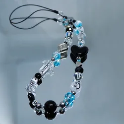 Blue Red Mobile Y2k Phone Charm Strap Chain Lanyard Fairycore Clear Cross Black Heart Glass Bead Jewelry Women Girl Keychain