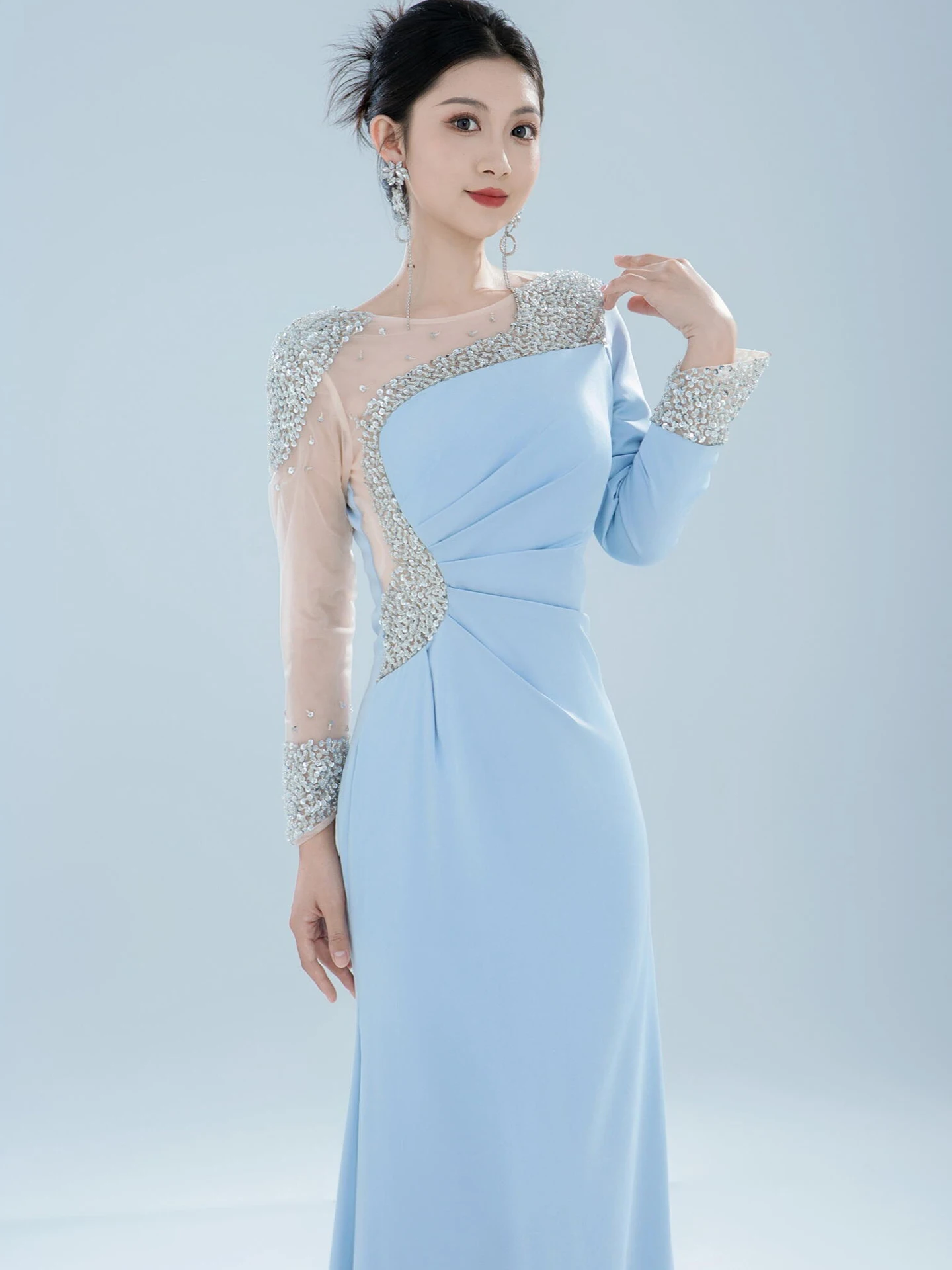 

Ele Long Sve Evening Gown Women's Faionable Mid-Waist Floor-Length Polyester Fiber Adult Ceremony Performance Host