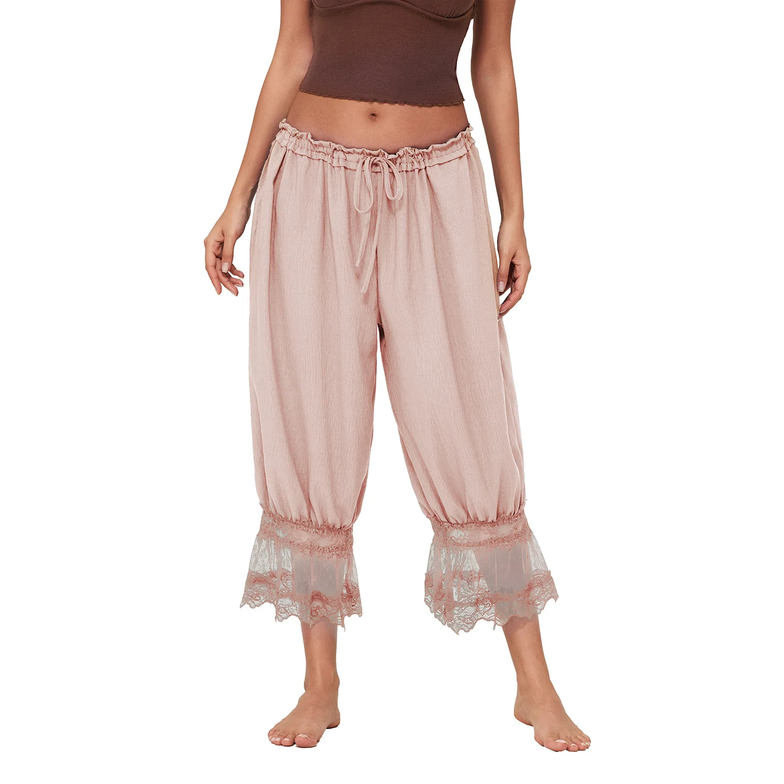 Dstring Knitted Casual Trousers Polyester Fiber Pant Women's High Waist Loose Fit Bloomers Cropped Pants