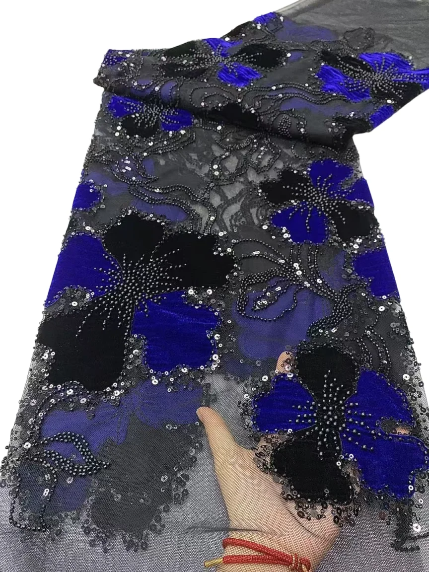

Роскошная высококачественная африканская бархатная тюлевая кружевная ткань ручной работы с бусинами в нигерийском французском стиле с блестками, кружевная ткань для вечеринки, свадебная ткань