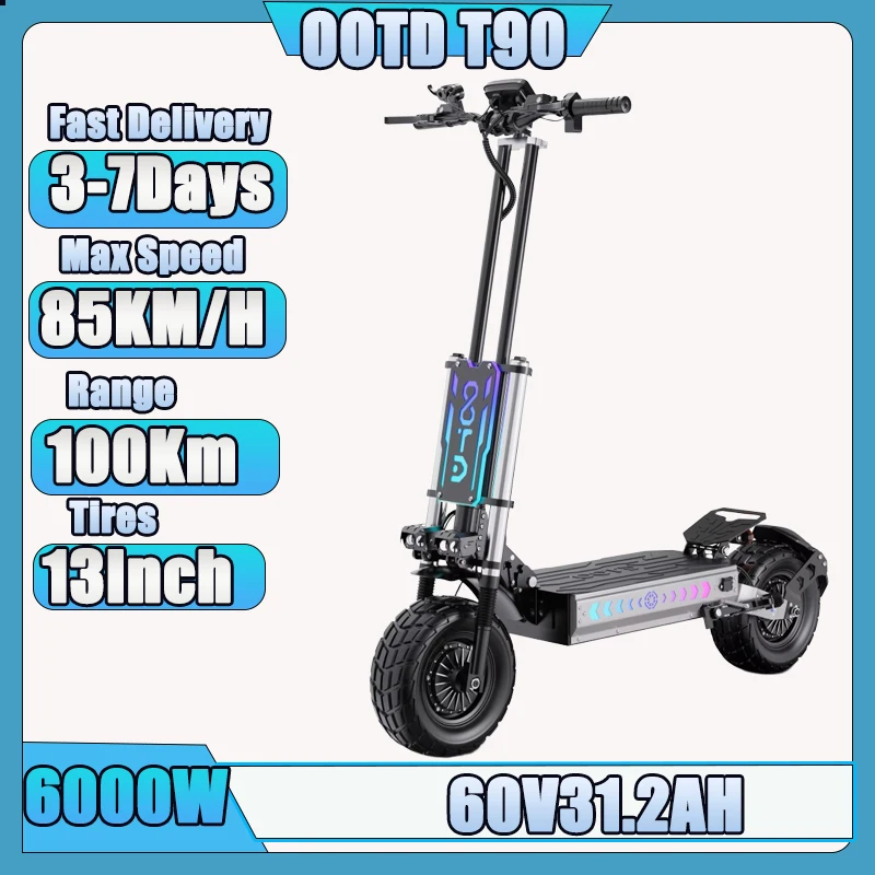 Monopattino Elettrico OOTD T90 con Motore da 6000W, Batteria 60V31.2AH, Freni Idraulici, Sospensioni Complete, Pneumatici da 13 Pollici